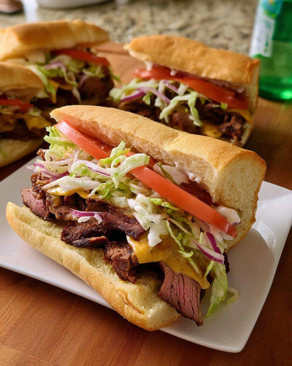 A close-up of a hearty steak sandwich with melted cheese, lettuce, tomato, and red onion, part of 7-Ingredient Sandwich Ideas.