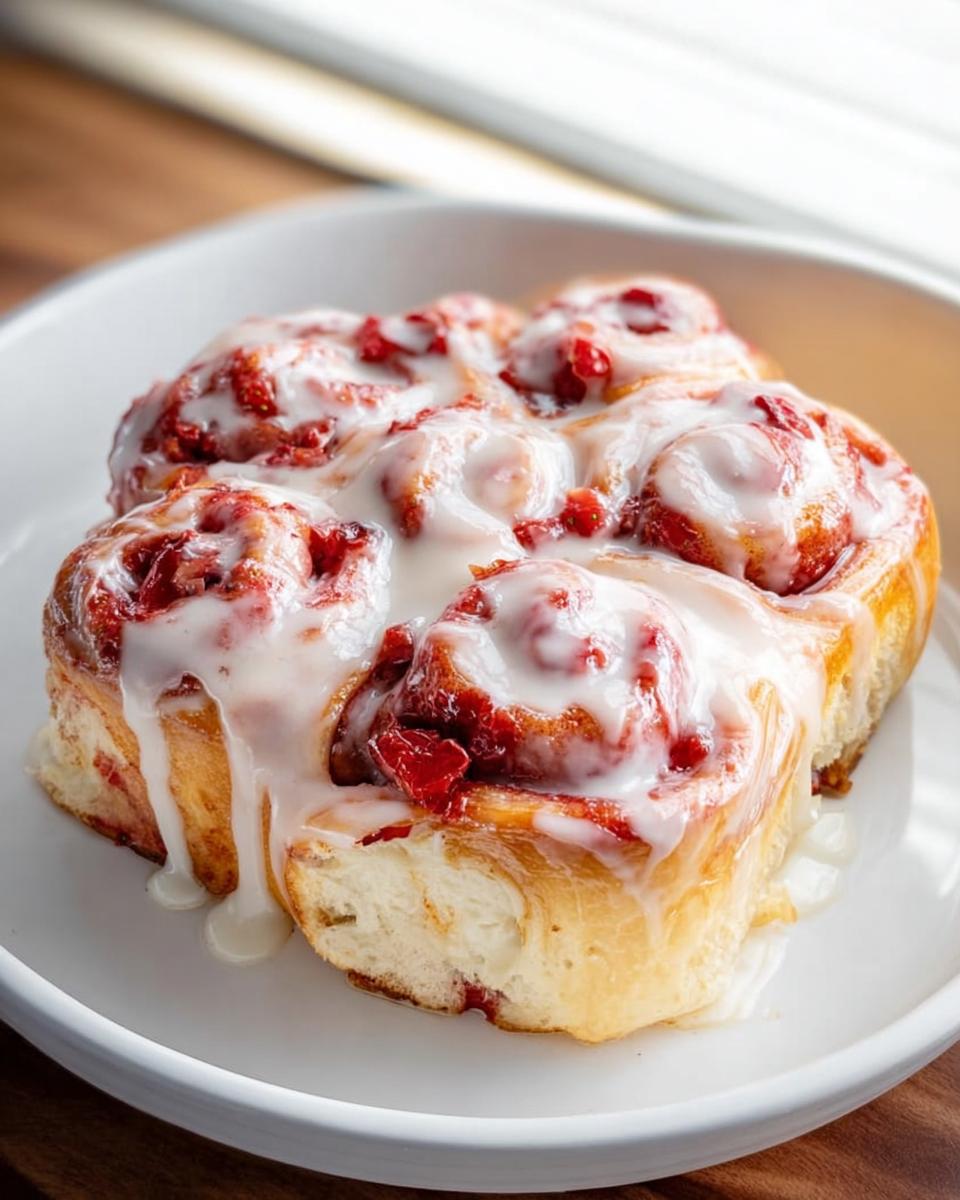 Close-up of sweet strawberry breakfast rolls drizzled with white icing, part of The Only Breakfast Ideas Recipes Recipe You’ll Need.