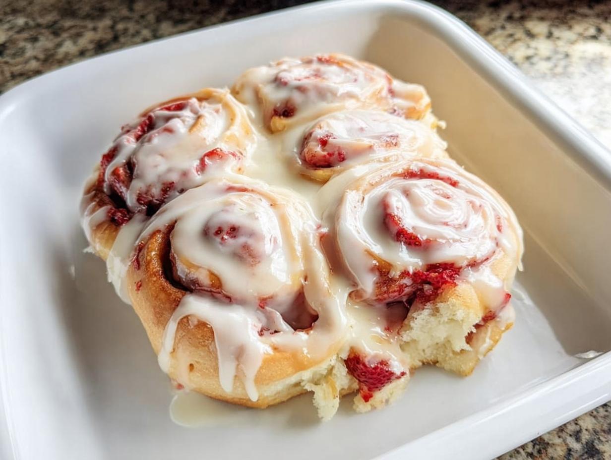 Close-up of delicious strawberry cinnamon rolls drizzled with icing, part of breakfast ideas recipes.