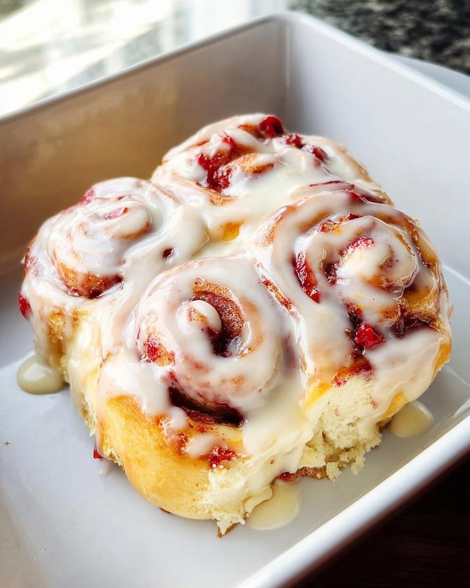 Close-up of sweet strawberry swirl breakfast rolls drizzled with icing, perfect for breakfast ideas.