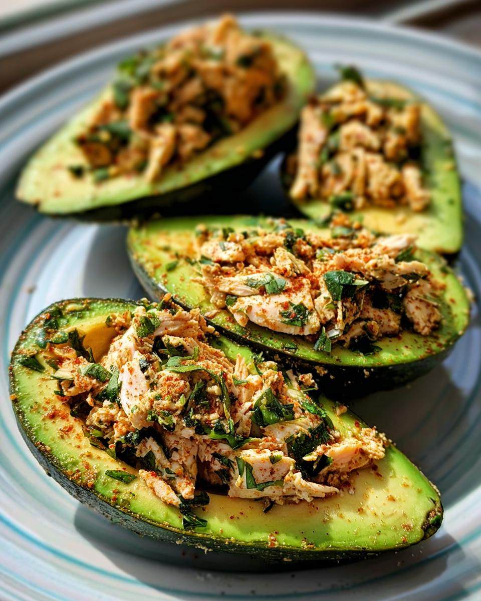 Four avocado halves stuffed with a savory chicken salad filling, sprinkled with herbs and paprika. A quick and healthy sandwich idea.