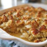 Close-up of a bubbling stuffing casserole with a golden-brown breadcrumb topping.