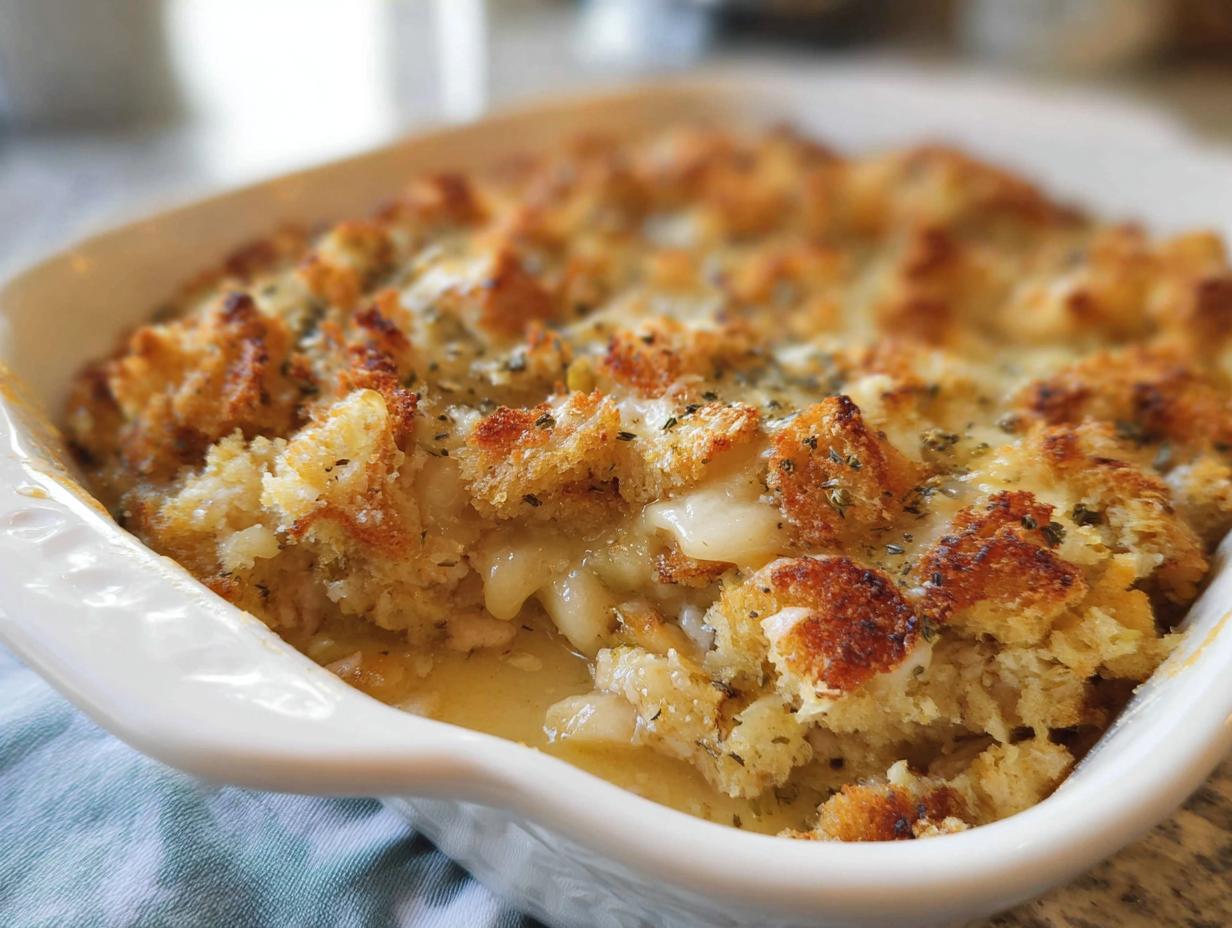 Close-up of a bubbling stuffing casserole with a golden-brown breadcrumb topping.