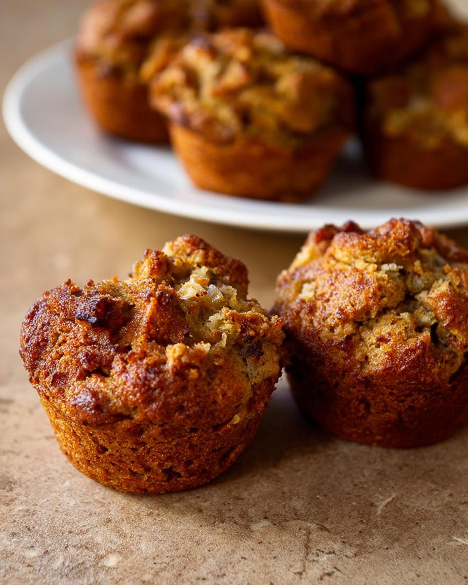 Close-up of two golden-brown stuffing muffins, with more in the background on a plate.
