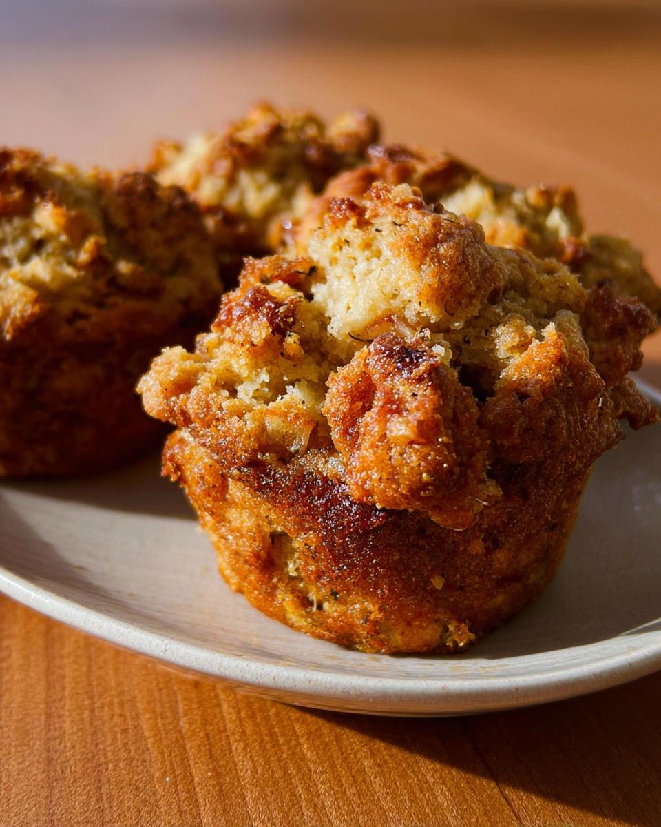 Close-up of golden-brown stuffing muffins on a plate, perfect for beginners.