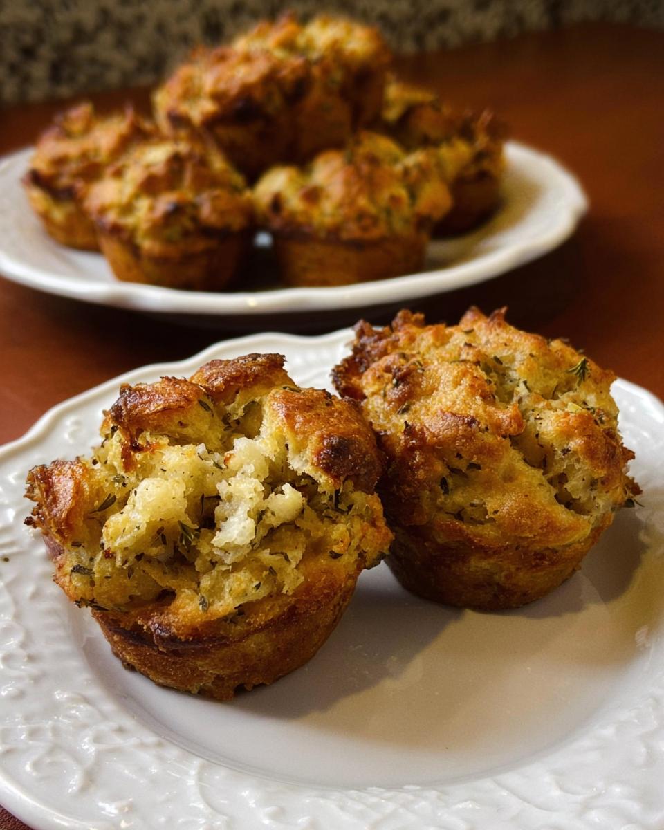 Close-up of two golden-brown stuffing muffins on a white plate, part of The Ultimate Stuffing Recipes Guide.