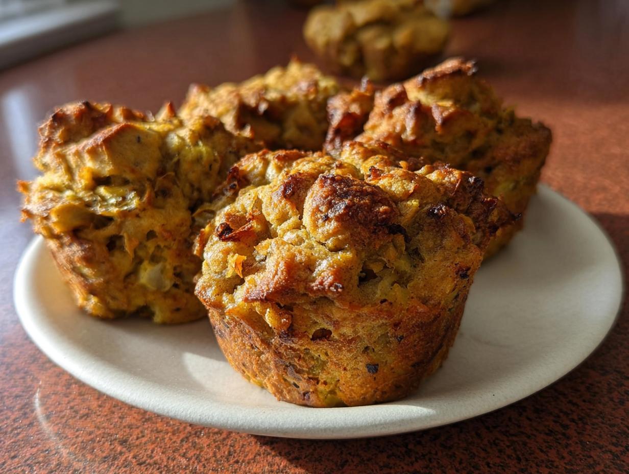 Close-up of golden brown stuffing muffins on a white plate, perfect for beginners.