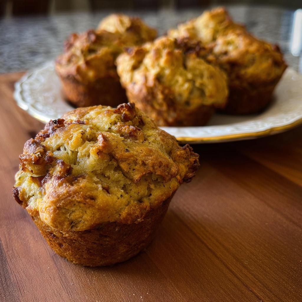 A close-up of a golden-brown stuffing muffin, with more muffins blurred in the background on a decorative plate.
