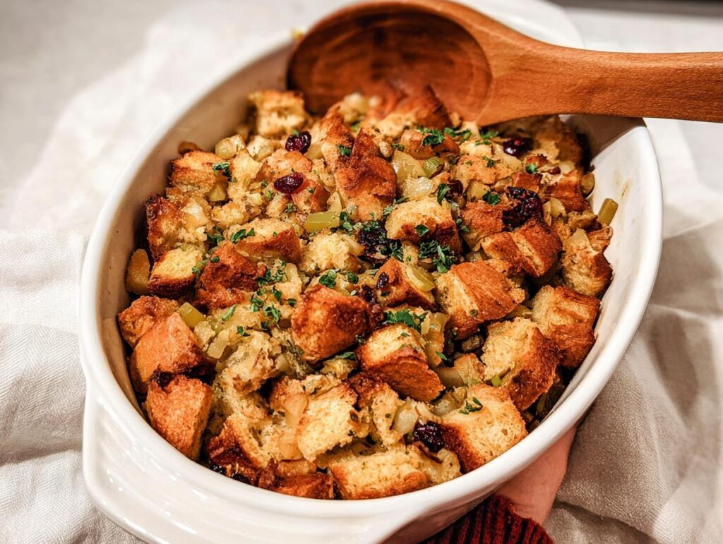 A close-up of a white baking dish filled with golden-brown stuffing, featuring cubes of bread, dried cranberries, and fresh parsley. A wooden spoon rests on top.