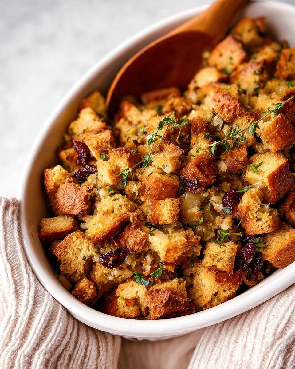 A close-up of a white baking dish filled with golden brown stuffing, featuring cubes of bread, dried cranberries, and fresh thyme.