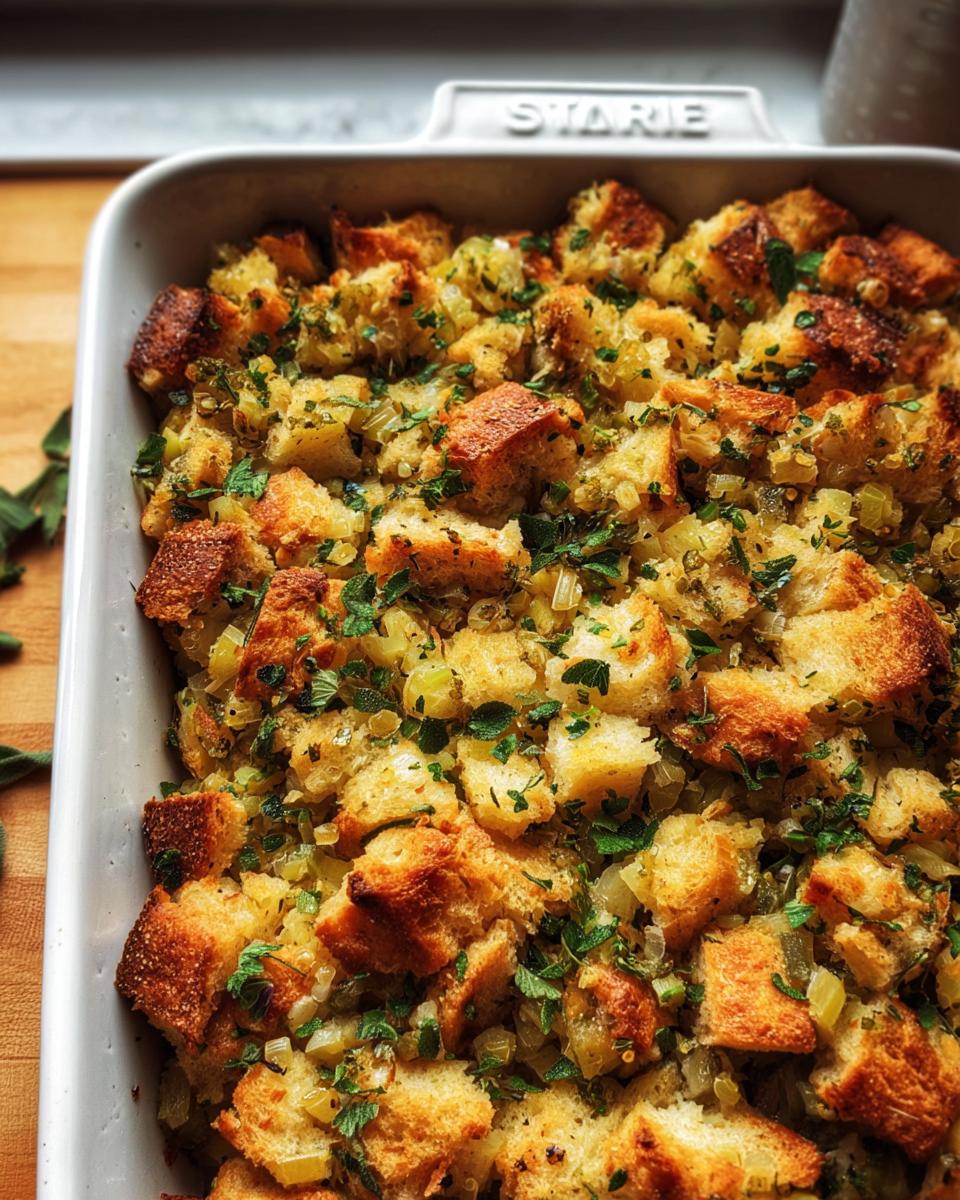 Close-up of a baked stuffing recipe meal prep in a white baking dish, featuring golden-brown bread cubes and fresh herbs.