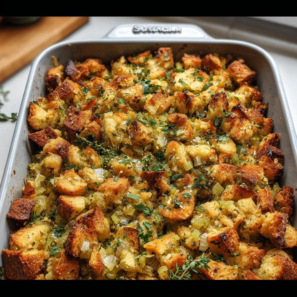 Close-up of a golden brown baked stuffing recipe in a baking dish, garnished with fresh herbs.