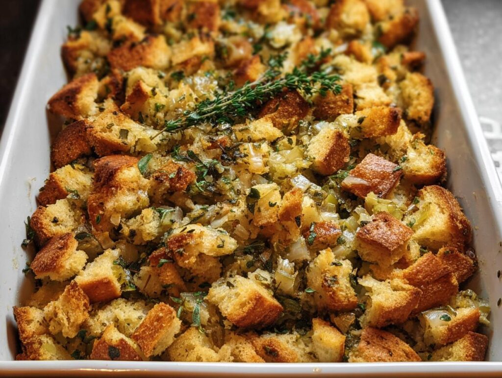 Close-up of a baked stuffing recipe meal prep dish in a white casserole pan, garnished with fresh thyme.