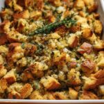 Close-up of a baked stuffing recipe meal prep dish in a white casserole pan, garnished with fresh thyme.