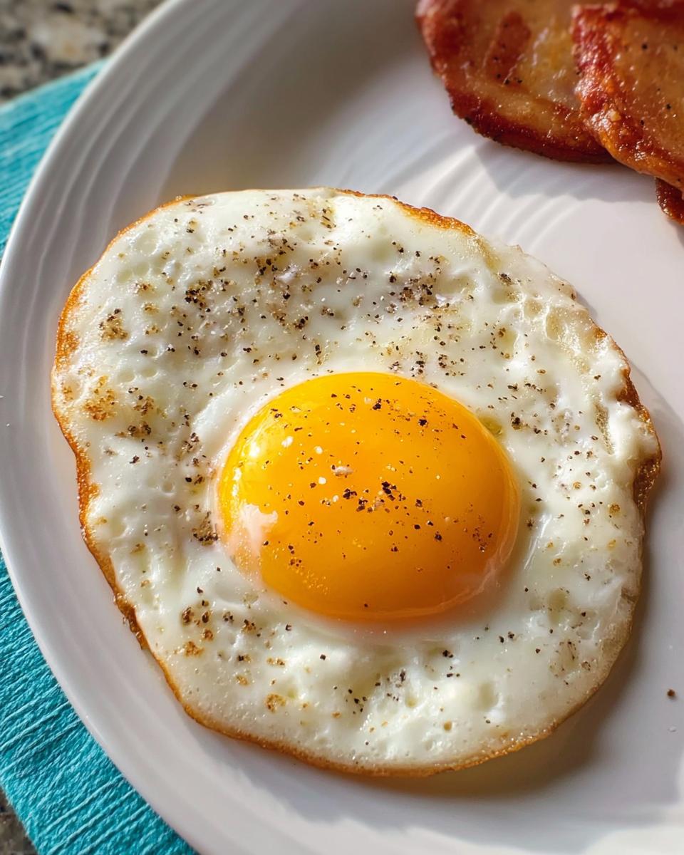 A perfectly cooked sunny-side up egg with a bright yellow yolk, seasoned with black pepper, part of a breakfast.