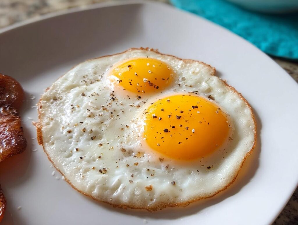Two perfectly cooked sunny-side up eggs with bright yellow yolks, seasoned with black pepper, a great egg recipe.