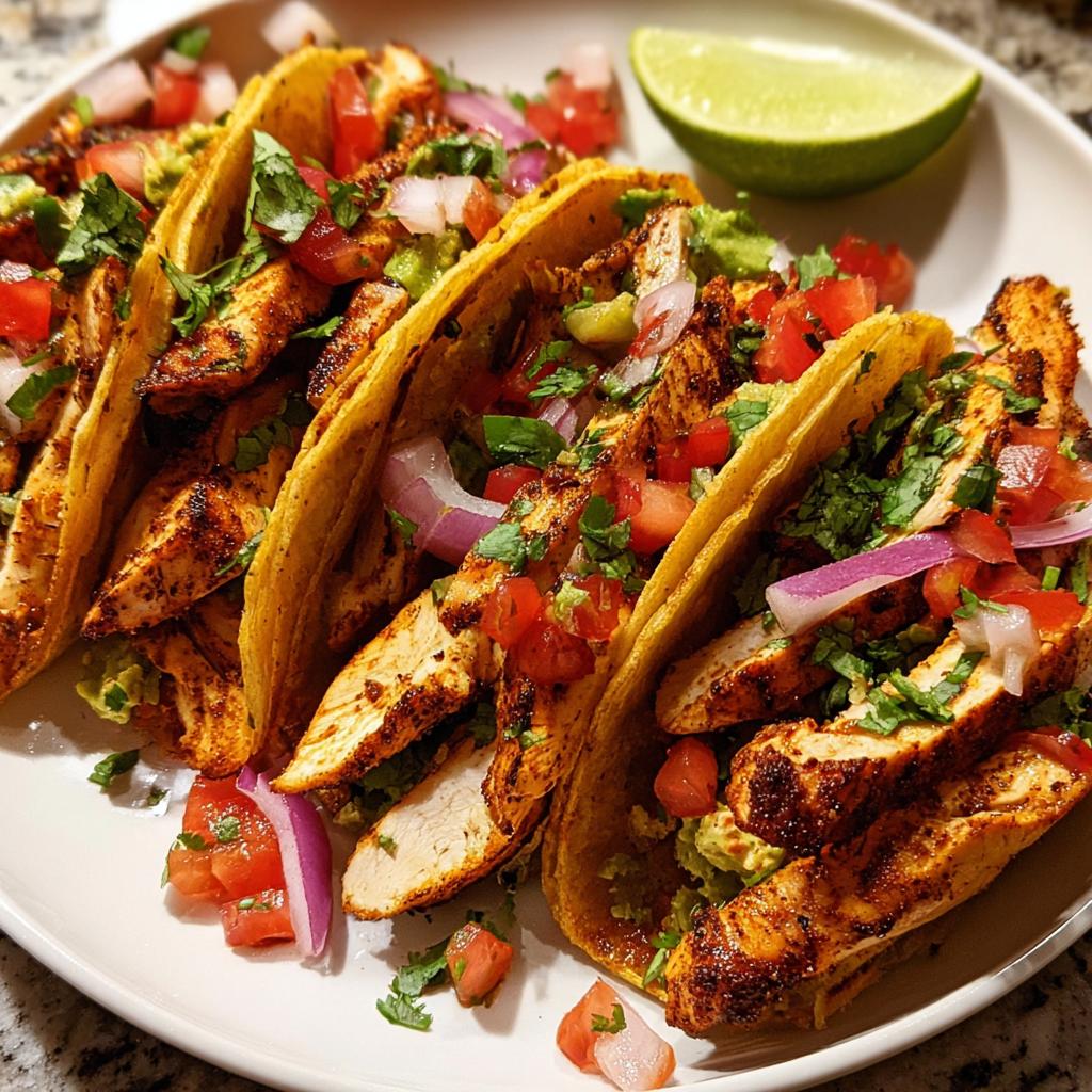 Close-up of several chicken tacos filled with seasoned chicken, guacamole, pico de gallo, and red onion, perfect for Taco Tuesday Recipes Meal Prep.