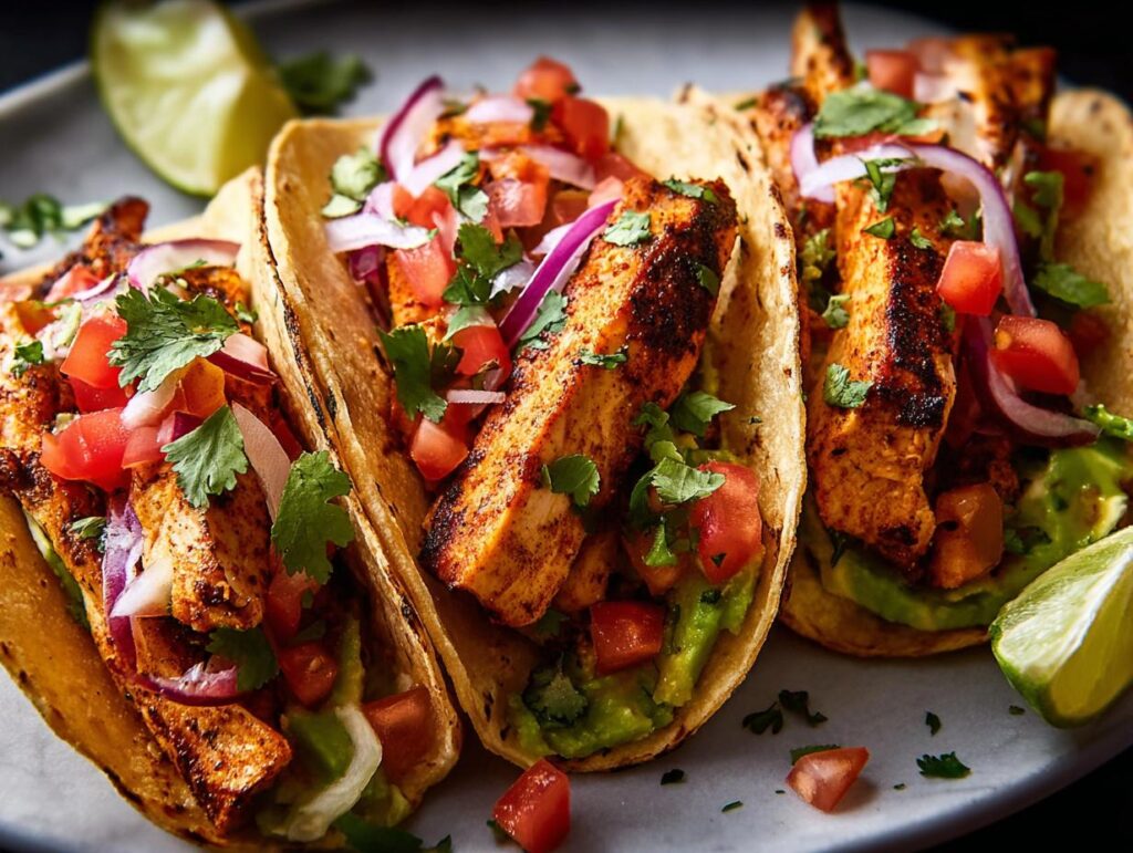 Three perfectly prepared chicken tacos for Taco Tuesday Recipes, filled with seasoned chicken, fresh salsa, avocado, and red onion.