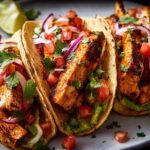 Three perfectly prepared chicken tacos for Taco Tuesday Recipes, filled with seasoned chicken, fresh salsa, avocado, and red onion.