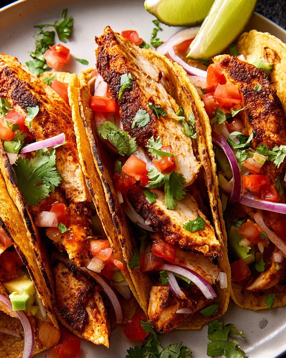 Close-up of three chicken tacos filled with seasoned chicken, tomato, onion, cilantro, and avocado, perfect for Taco Tuesday recipes meal prep.