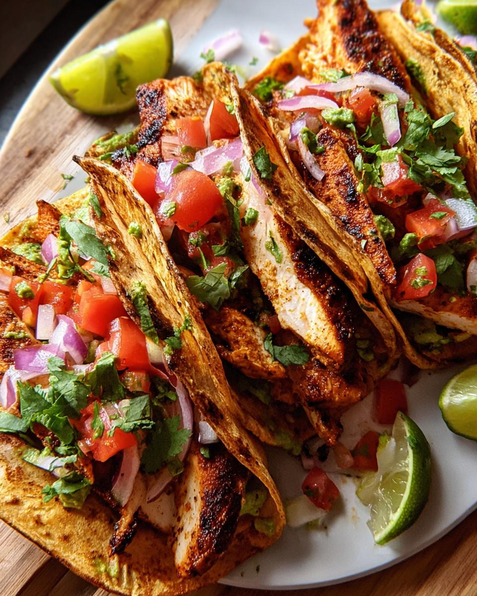 A close-up of several chicken tacos, filled with grilled chicken, guacamole, pico de gallo, and cilantro, served with lime wedges. Perfect for Taco Tuesday Recipes.