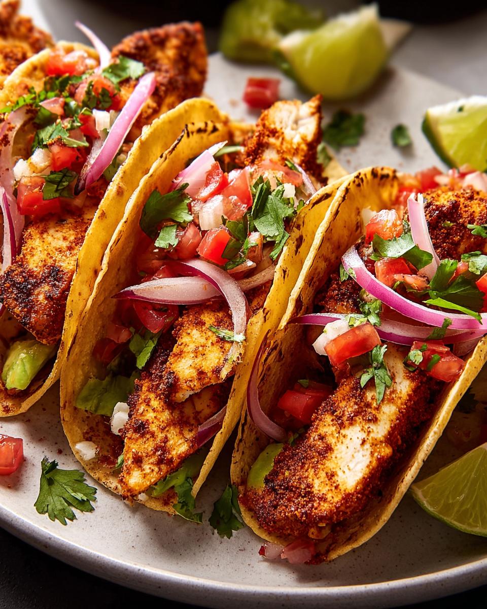 Close-up of three flavorful chicken tacos for Taco Tuesday Recipes, filled with seasoned chicken, pico de gallo, red onion, and avocado.