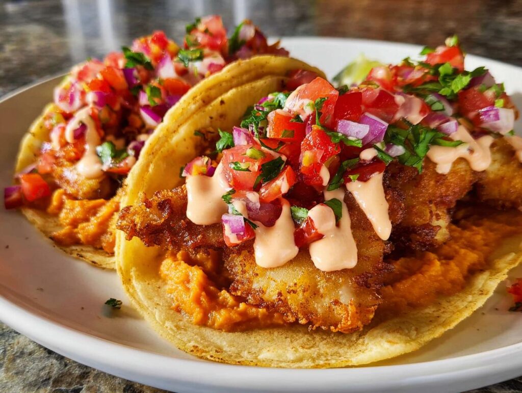 Two freshly made fish tacos with crispy fish, salsa, and a creamy sauce, perfect for Taco Tuesday.