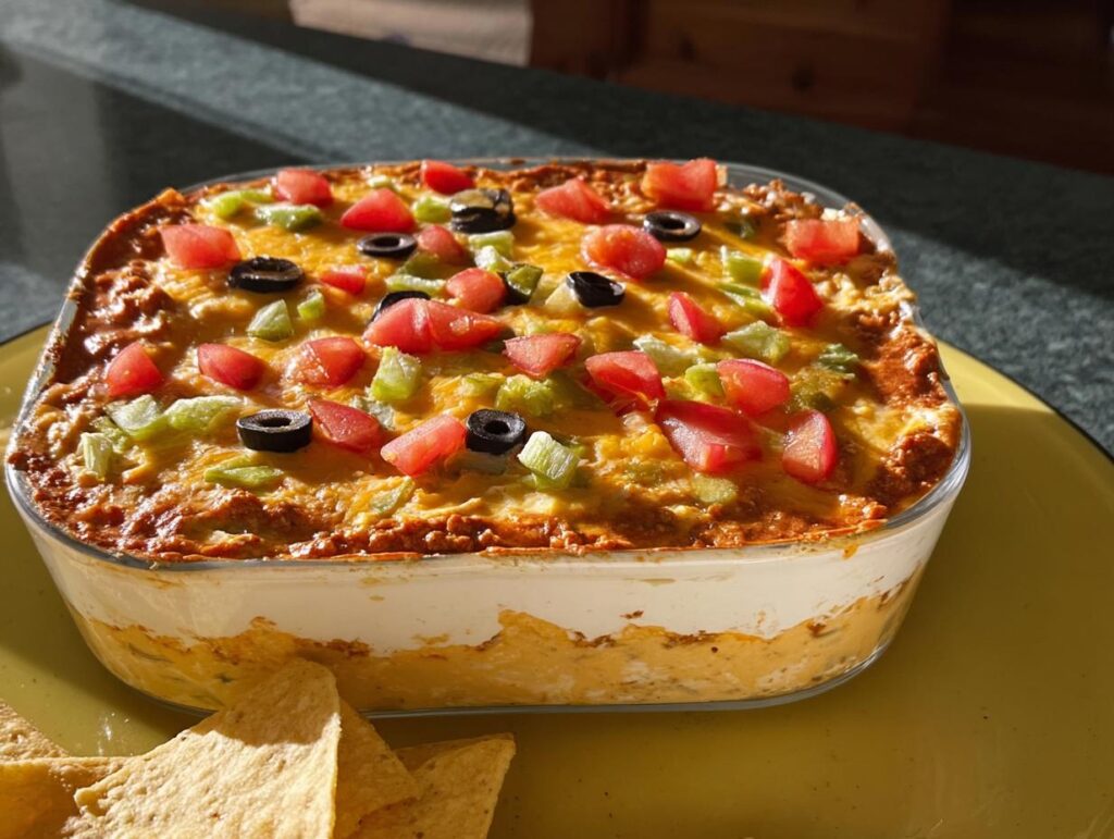 A delicious layered taco dip with tomatoes, olives, and cheese, perfect for Taco Tuesday recipes.