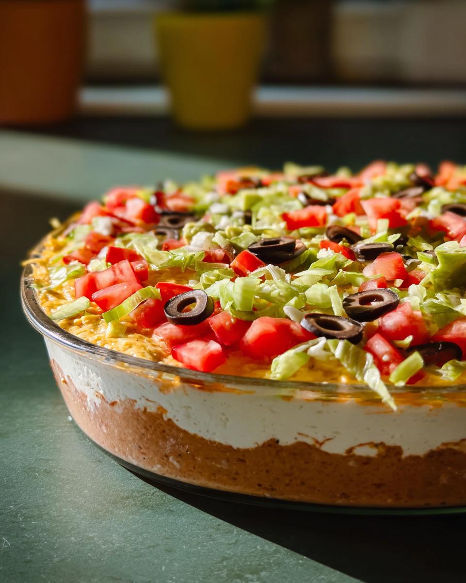 A delicious layered taco dip with seasoned meat, cream cheese, lettuce, tomatoes, and olives, perfect for Taco Tuesday recipes.