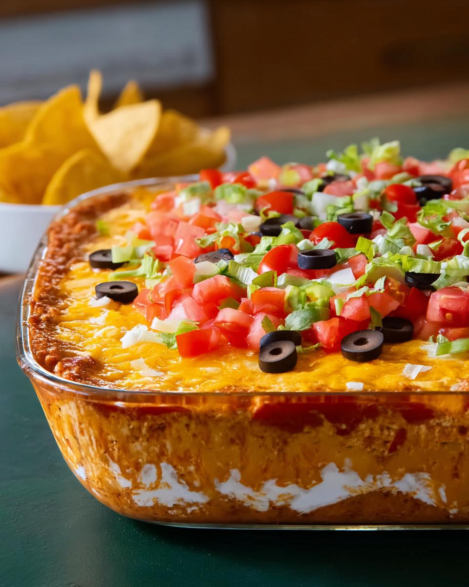 A delicious layered taco dip with cheese, tomatoes, olives, and lettuce, perfect for Taco Tuesday recipes.