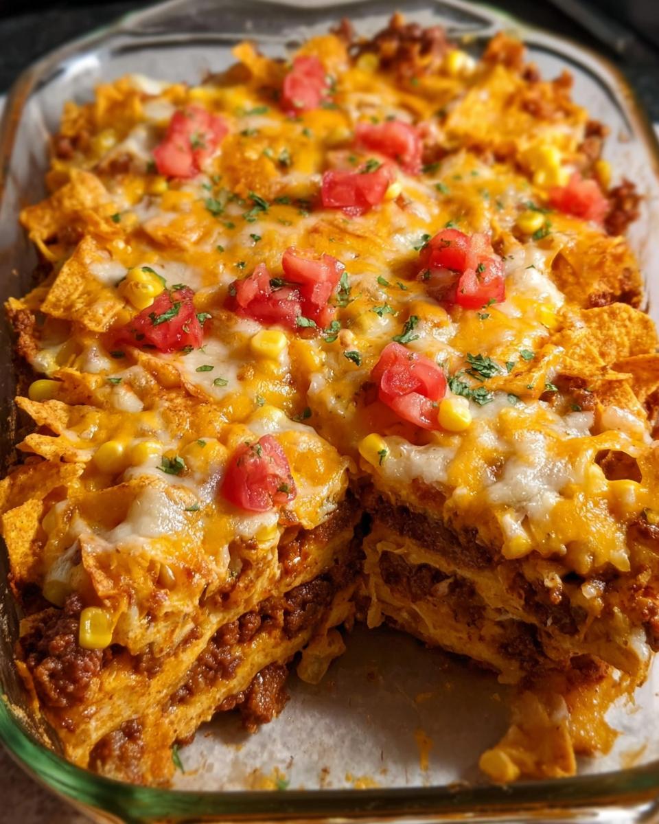 A close-up view of a layered Taco Tuesday recipe casserole in a glass baking dish, topped with melted cheese, corn, and diced tomatoes.