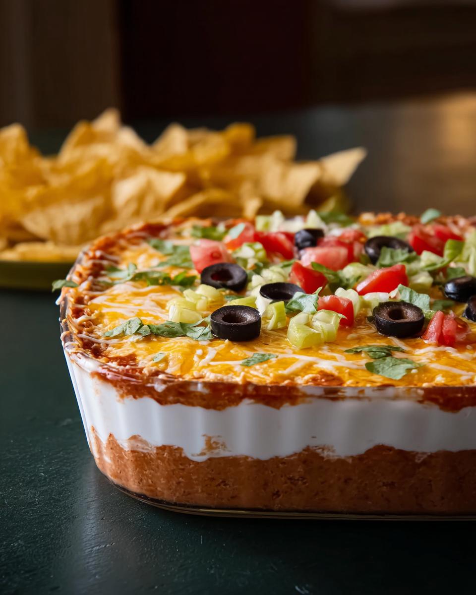A layered taco dip with cheese, tomatoes, olives, and green onions, served with tortilla chips, perfect for Taco Tuesday recipes.