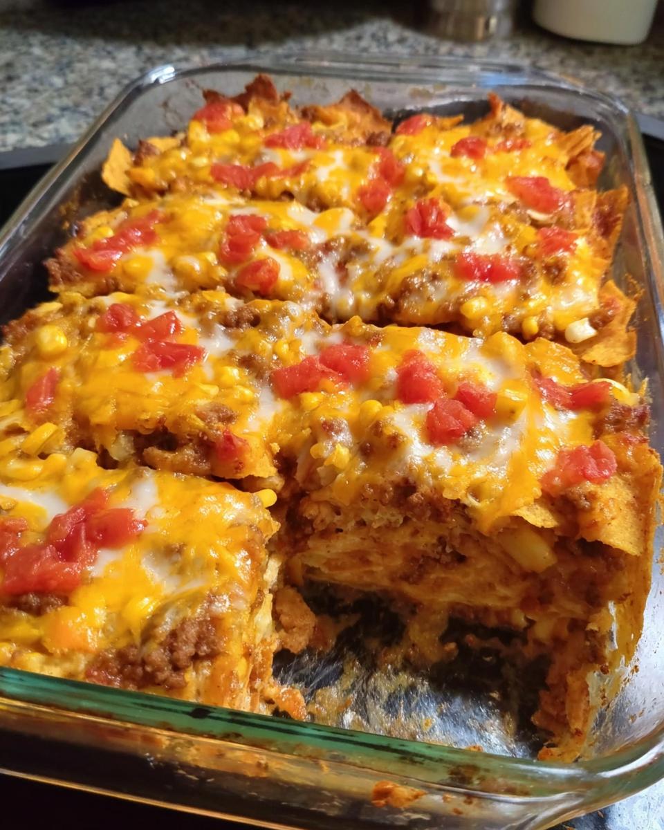 A layered casserole dish filled with ground meat, corn, cheese, and tortilla chips, perfect for Taco Tuesday recipes.