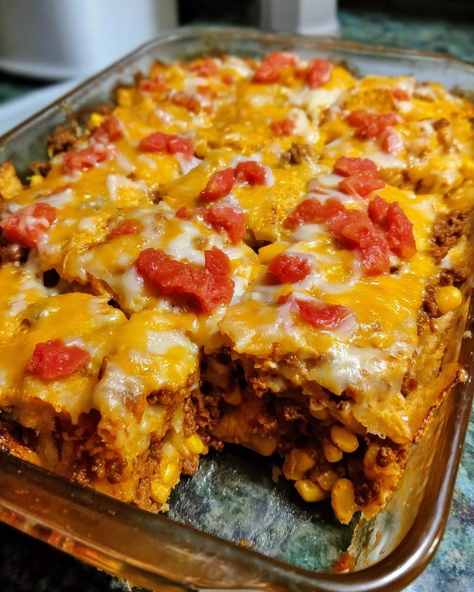 A close-up of a baked taco casserole, loaded with melted cheese, seasoned ground beef, corn, and diced tomatoes.