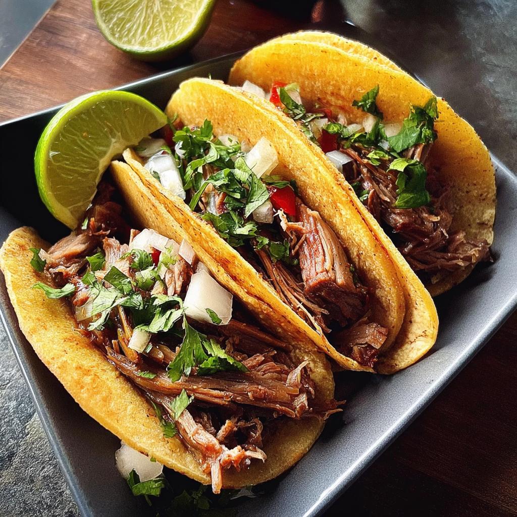Three delicious shredded meat tacos with cilantro, onion, and lime wedges, perfect for Taco Tuesday Recipes.