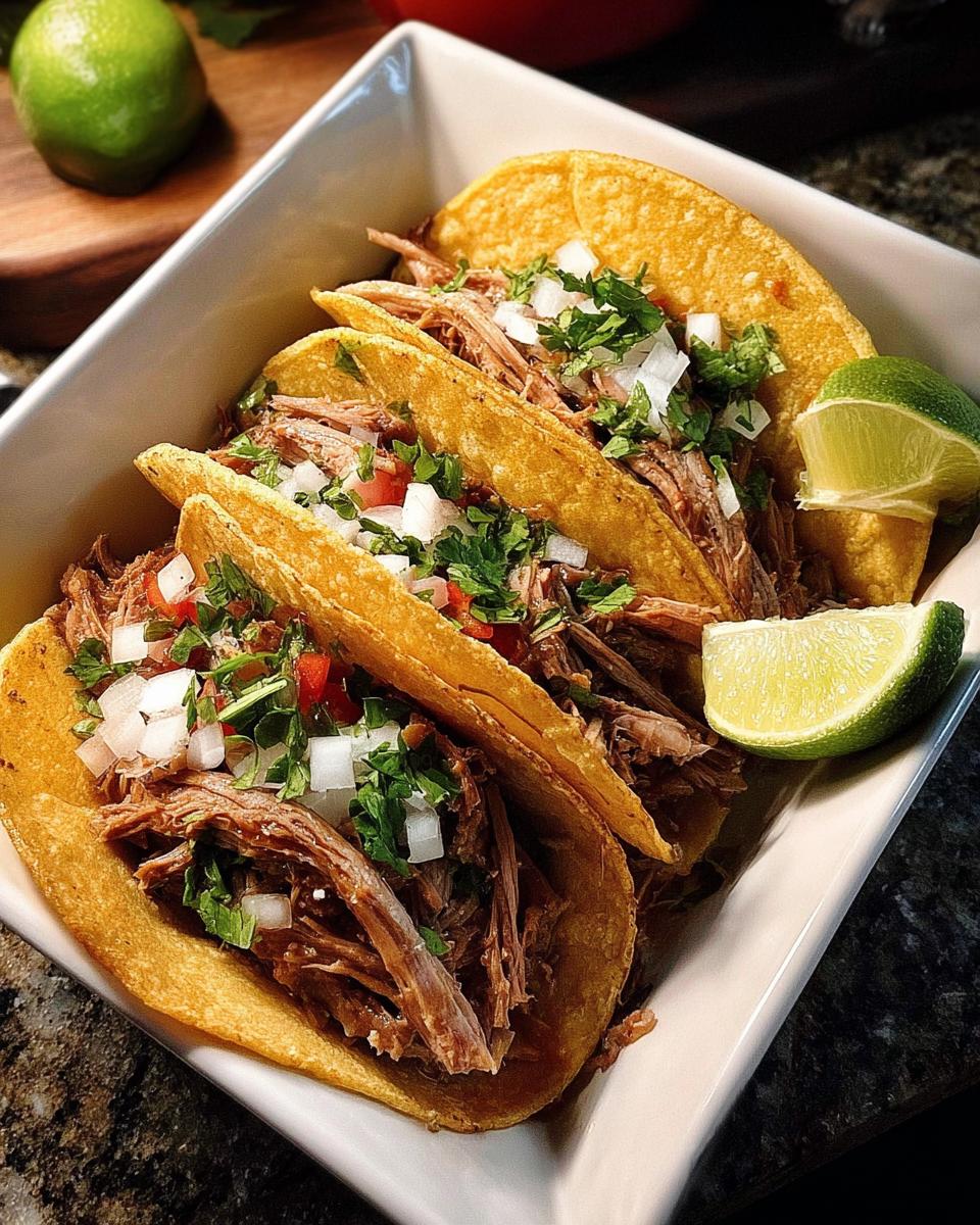 Close-up of three shredded meat tacos, topped with diced onions, tomatoes, and cilantro, served with lime wedges for Taco Tuesday recipes.