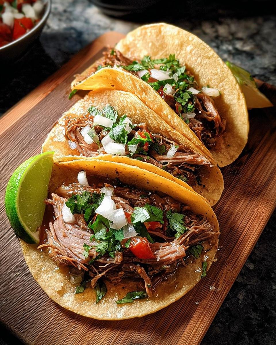 Three corn tortilla tacos filled with shredded meat, cilantro, onion, and lime wedges, perfect for Taco Tuesday Recipes.