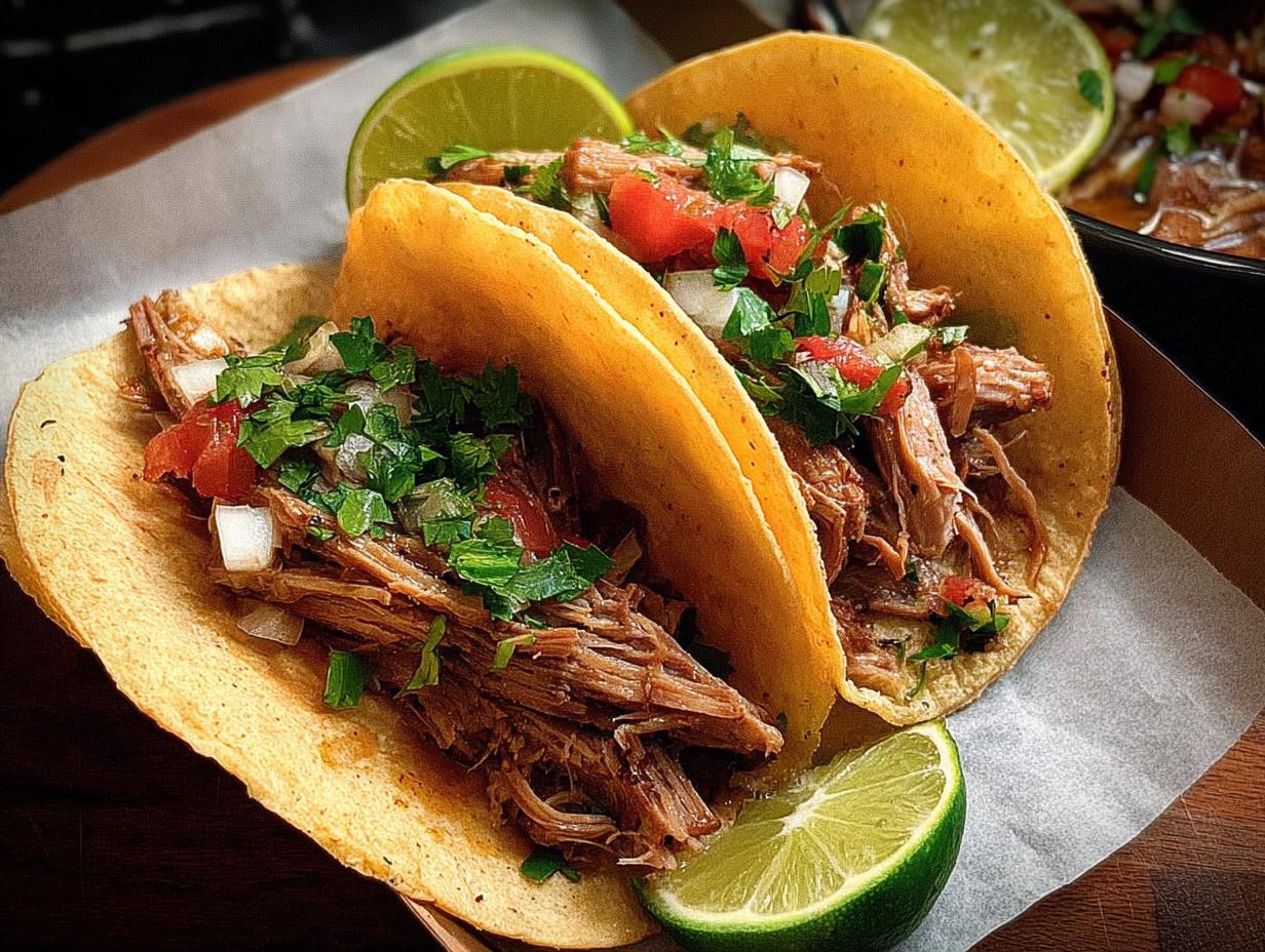 Two delicious shredded meat tacos for Taco Tuesday, topped with fresh cilantro, diced tomatoes, and onions, with lime wedges on the side.