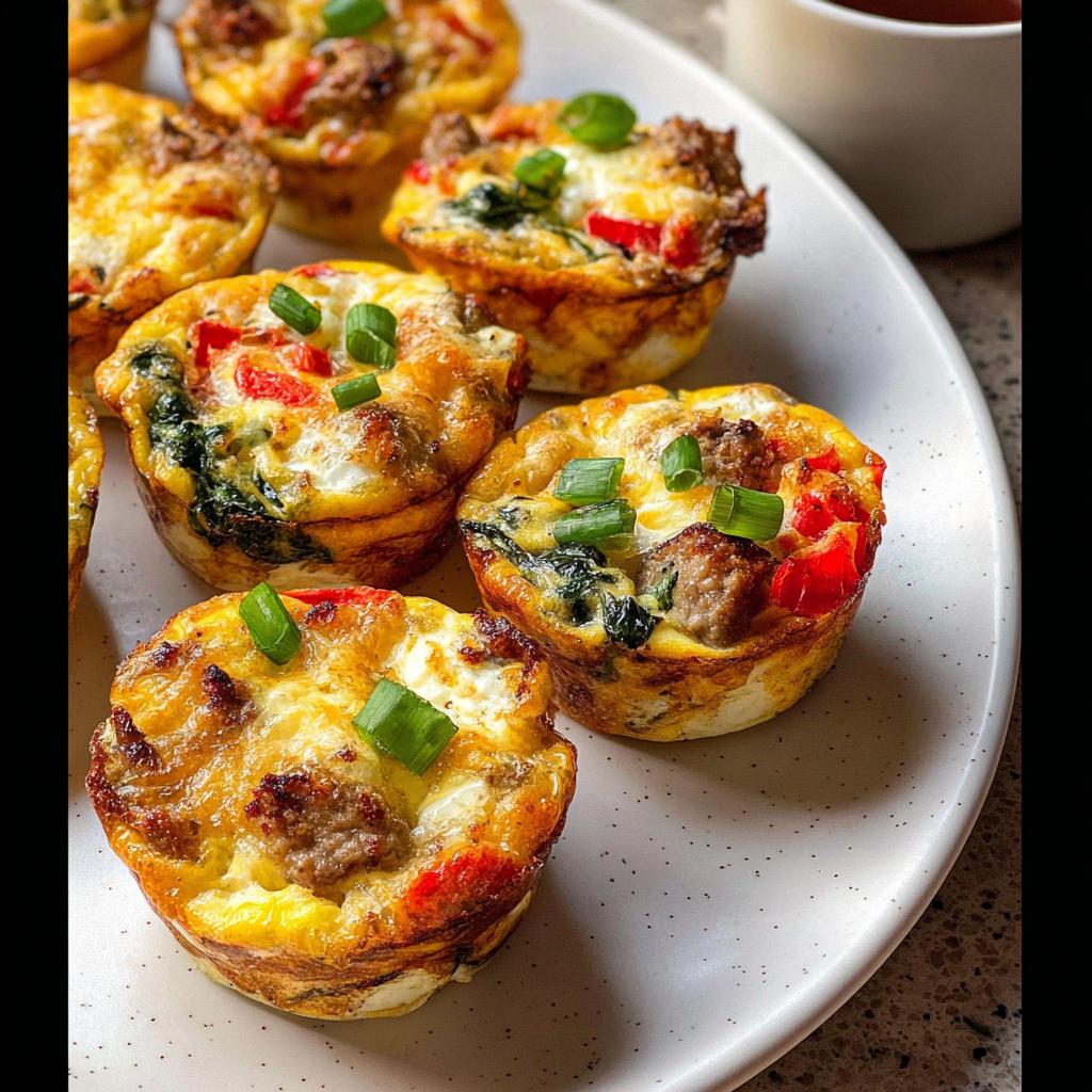 Close-up of savory egg muffins with sausage, peppers, and spinach, garnished with green onions.