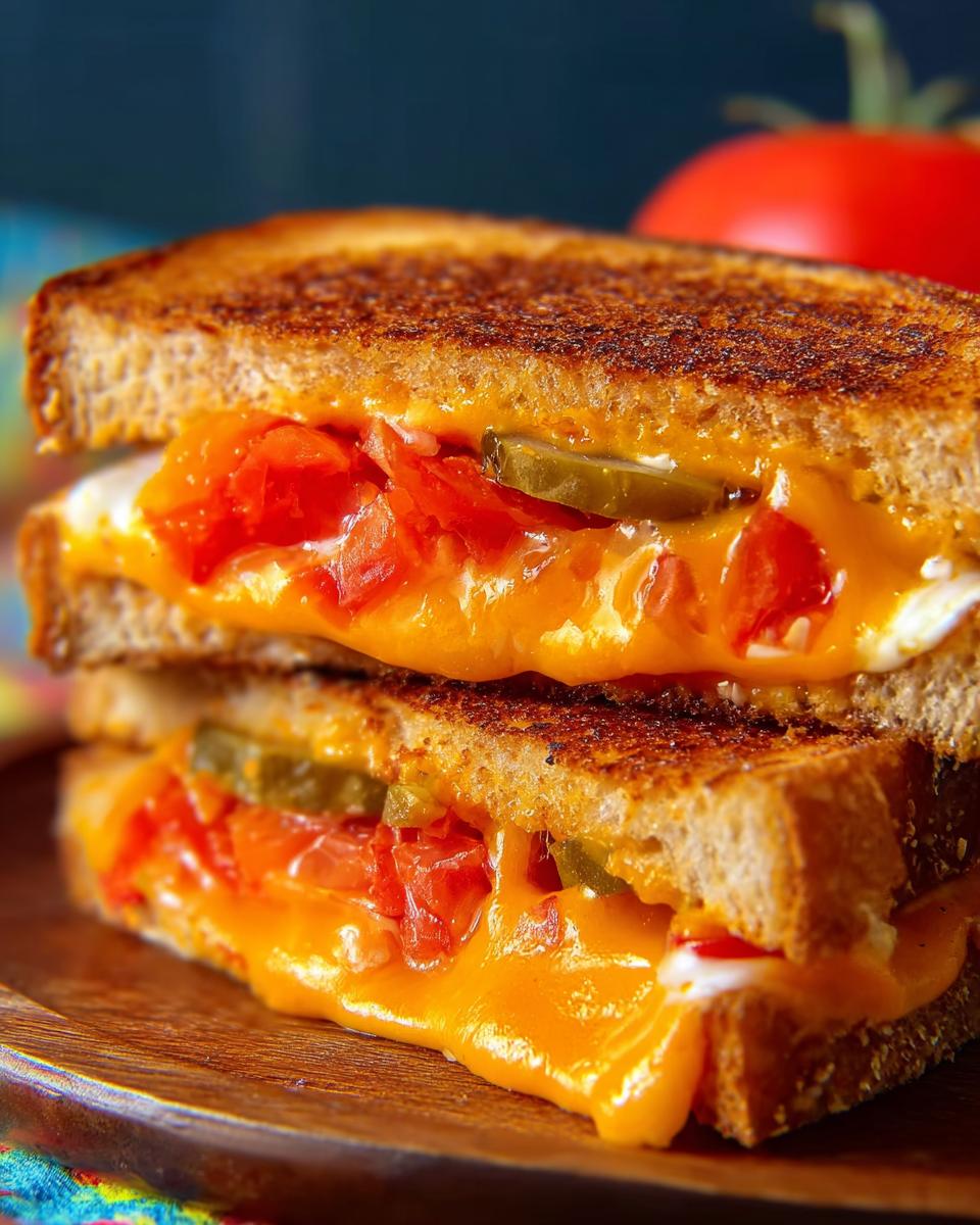 A close-up of a stacked tomato and pickle grilled cheese sandwich with melted cheese oozing out.