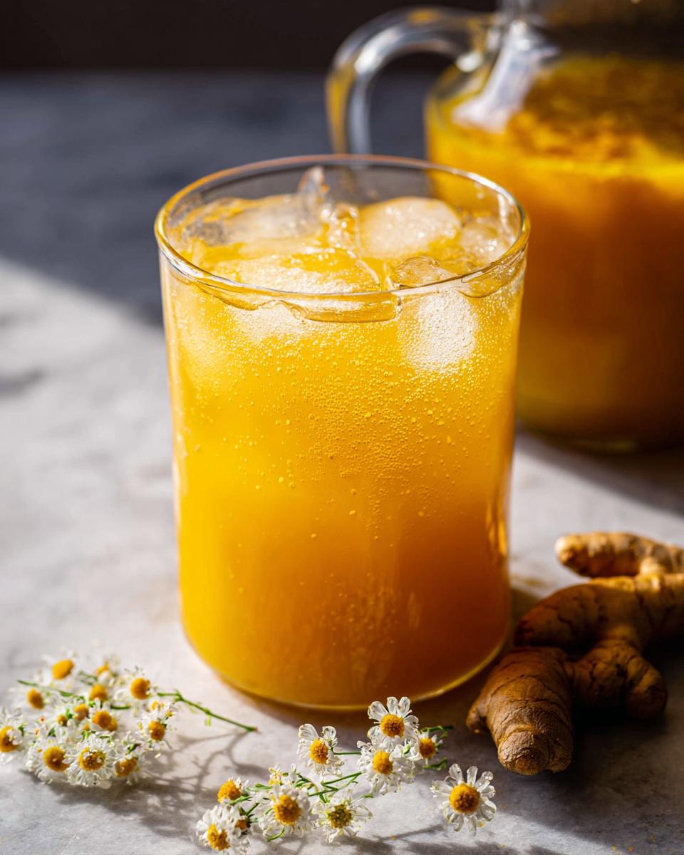 A refreshing glass of turmeric elixir with ice, alongside fresh turmeric root and small white flowers, perfect for restaurant-style healthy meals at home.