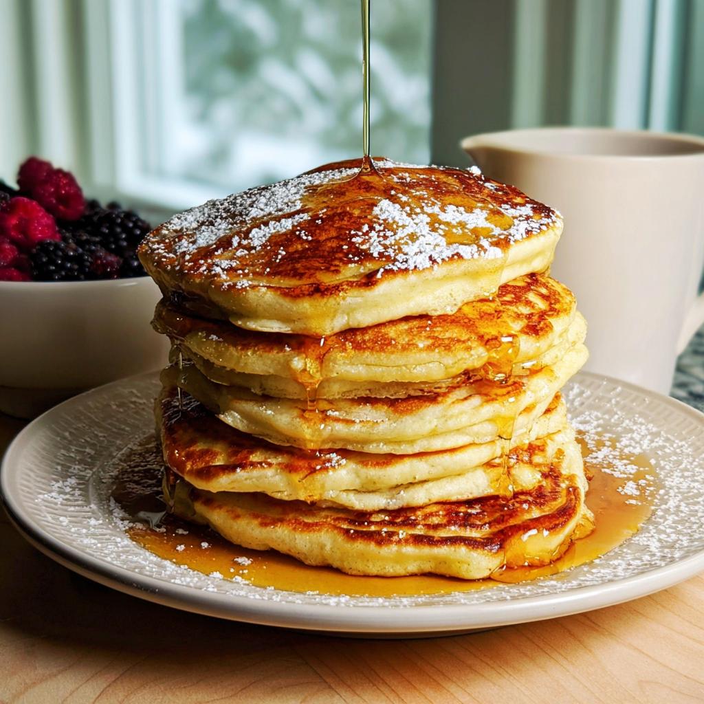 A tall stack of fluffy pancakes drizzled with syrup and dusted with powdered sugar, part of The Ultimate Breakfast Ideas Recipes Guide.
