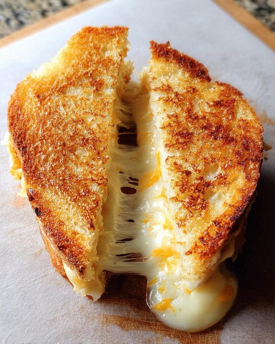A perfectly grilled cheese sandwich, cut in half, with strings of melted cheese stretching between the pieces.