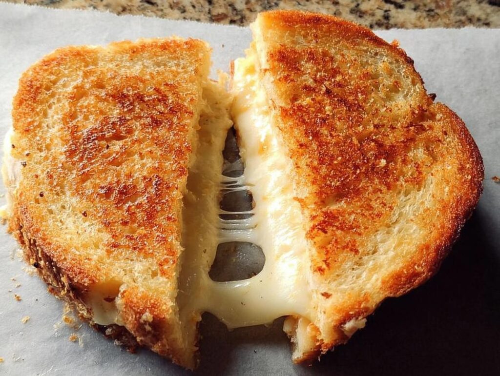 A perfectly grilled cheese sandwich, cut in half, with gooey melted cheese stretching between the slices. A top grilled cheese recipe.