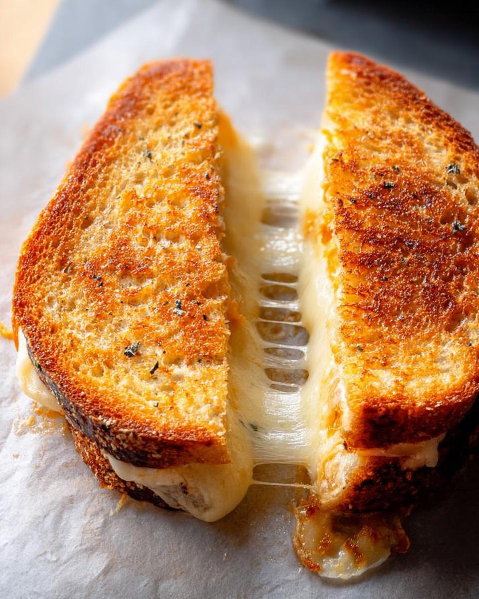 A perfectly grilled cheese sandwich, cut in half, with strings of melted cheese stretching between the slices. A delicious grilled cheese recipe.