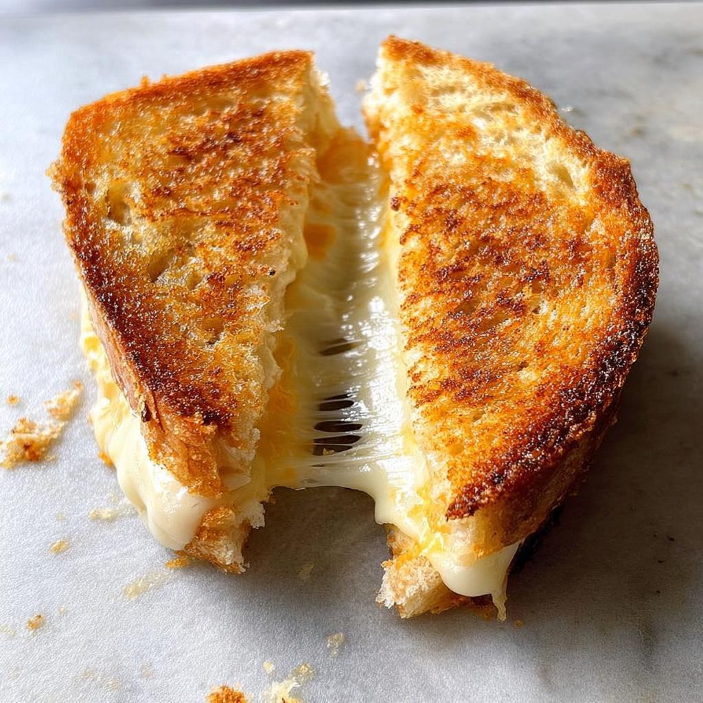 Close-up of a perfectly grilled cheese sandwich, split in half, with melted cheese stretching between the slices.