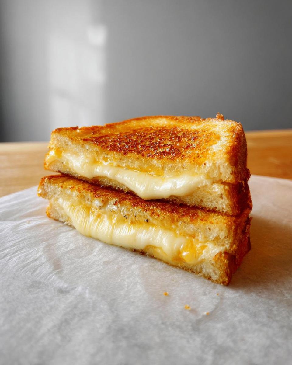 A perfectly grilled cheese sandwich, cut in half, showcasing gooey melted cheese oozing from the golden-brown bread.