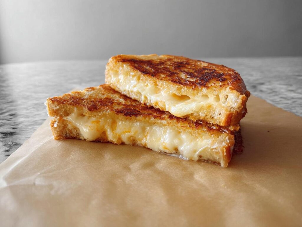 Two halves of a perfectly grilled cheese sandwich, showcasing gooey melted cheese oozing out.