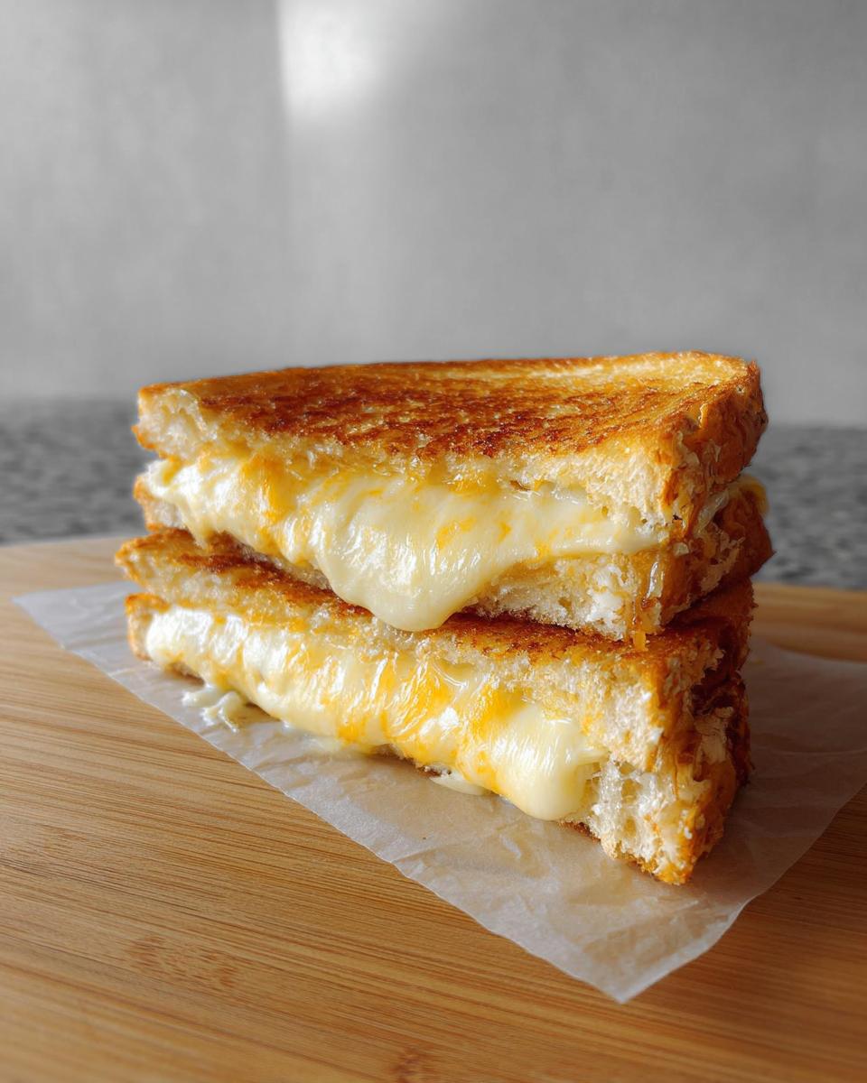 Two halves of a golden-brown grilled cheese sandwich stacked, with gooey melted cheese oozing out.
