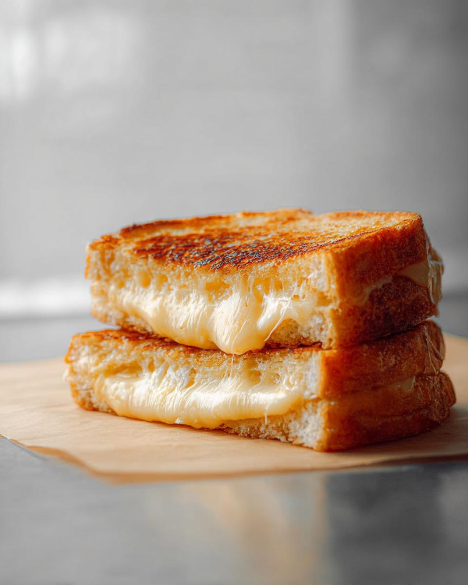 A close-up of two stacked grilled cheese sandwiches with gooey, melted cheese oozing out.